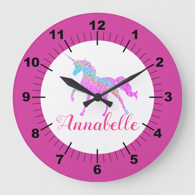 Personalisierte farbige Einhorn Große Wanduhr (Vorderseite)