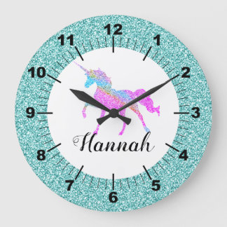 Personalisierte farbige Einhorn Große Wanduhr