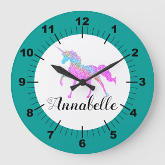 Personalisierte farbige Einhorn Große Wanduhr