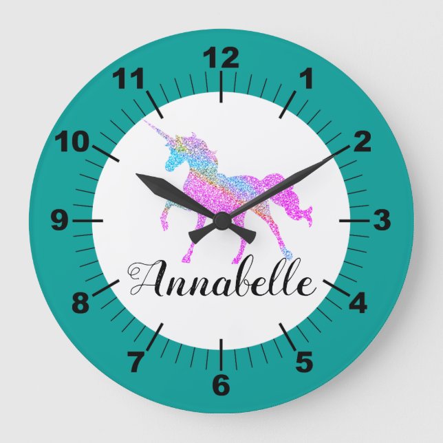 Personalisierte farbige Einhorn Große Wanduhr (Vorderseite)