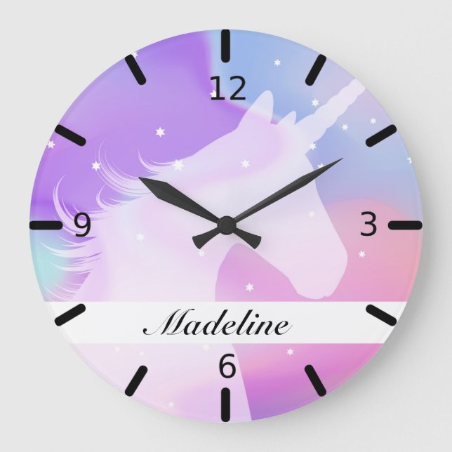 Personalisierte farbige Einhorn-Silhouette Große Wanduhr (Vorderseite)
