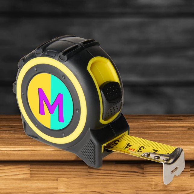 Personalisierte farbige Retro-Bright-Monogramm Maßband (A monogrammed tape measure with yellow and turquoise color block design and magenta initial)