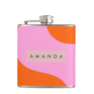 Personalisierte Fette Orange und Pinke Wellenstrei Flachmann