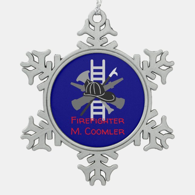 Personalisierte Feuerwehrmann-Weihnachtsverzierung Schneeflocken Zinn-Ornament (Vorderseite)