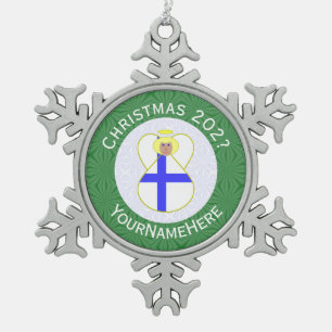 Personalisierte finnische Engel-Weihnachtsflagge  Schneeflocken Zinn-Ornament