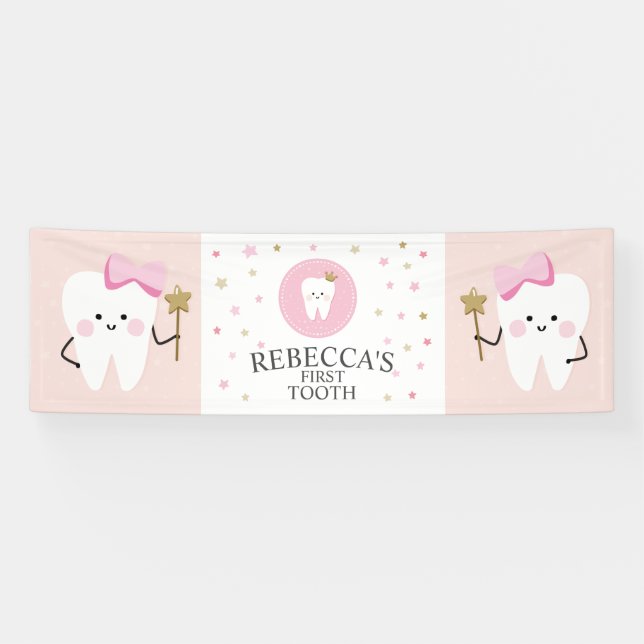 Personalisierte First Tooth Girl Party Dekoration. Banner (Horizontal)