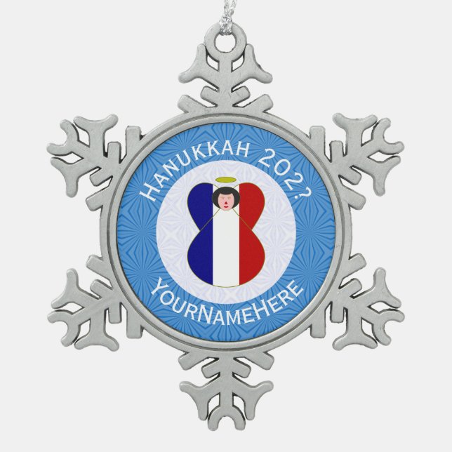 Personalisierte Flagge des französischen Angel Han Schneeflocken Zinn-Ornament (Vorderseite)