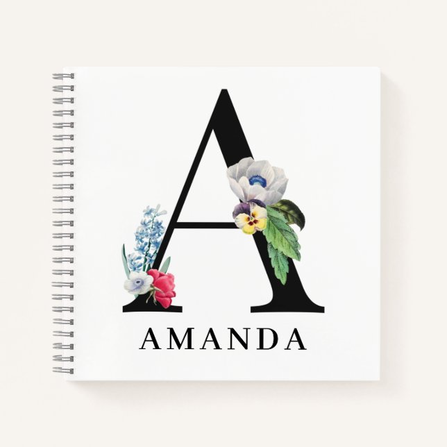 Personalisierte Floral Alphabet A Monogramm Notizbuch (Vorderseite)