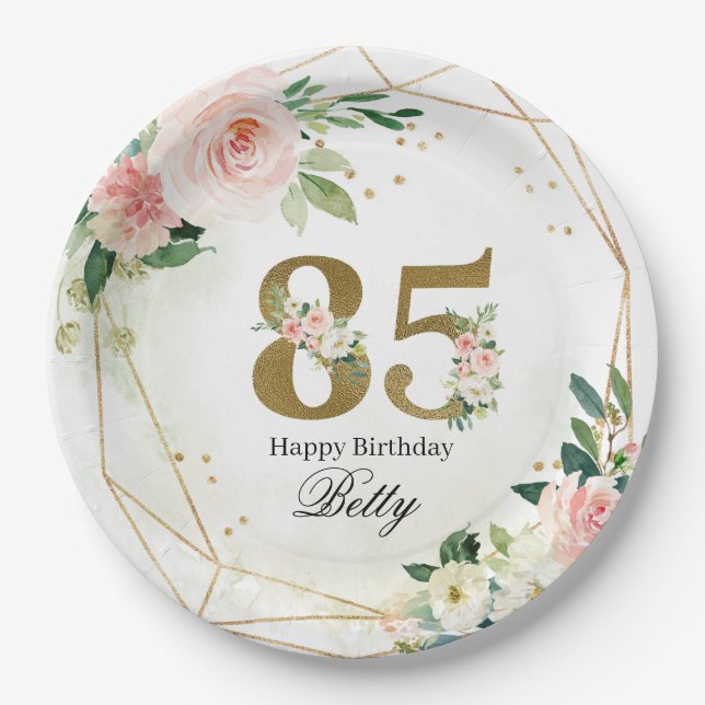 Personalisierte Floral & Gold 85. Geburtstag Pappteller (Vorderseite)