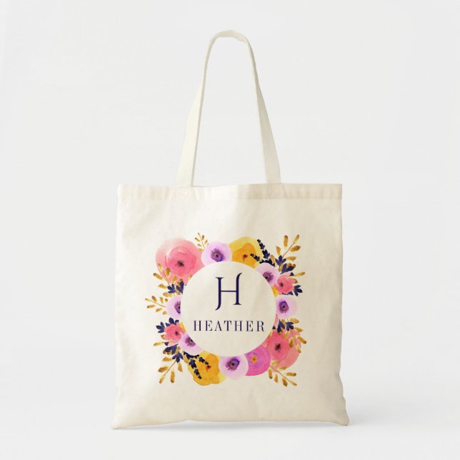 Personalisierte Floral Monogramm und Name Tote Beu Tragetasche (Vorne)