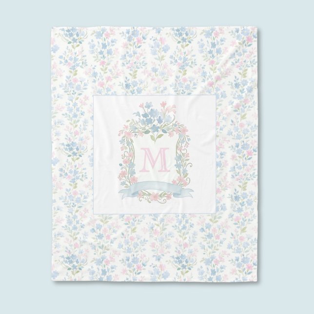 Personalisierte Florale Aquarell-Fleece-Decke Fleecedecke (vintage preppy coquette grandmillennial pastel floral fleece blanket with custom monogram initial)