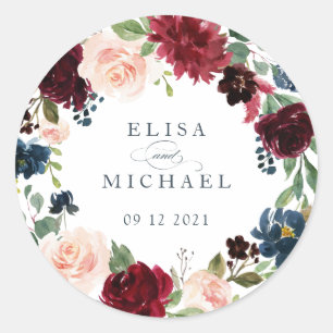 Personalisierte Florale Burgunder Navy Blush Runder Aufkleber