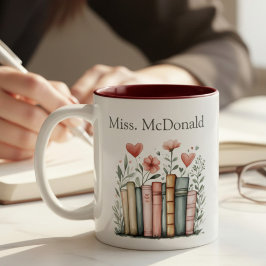 Personalisierte Florale Gestapelte Bücher Lehrerin Zweifarbige Tasse