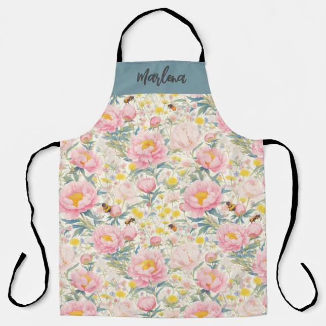Personalisierte florale Küche Schürze mit Bienen P (Vorderseite)