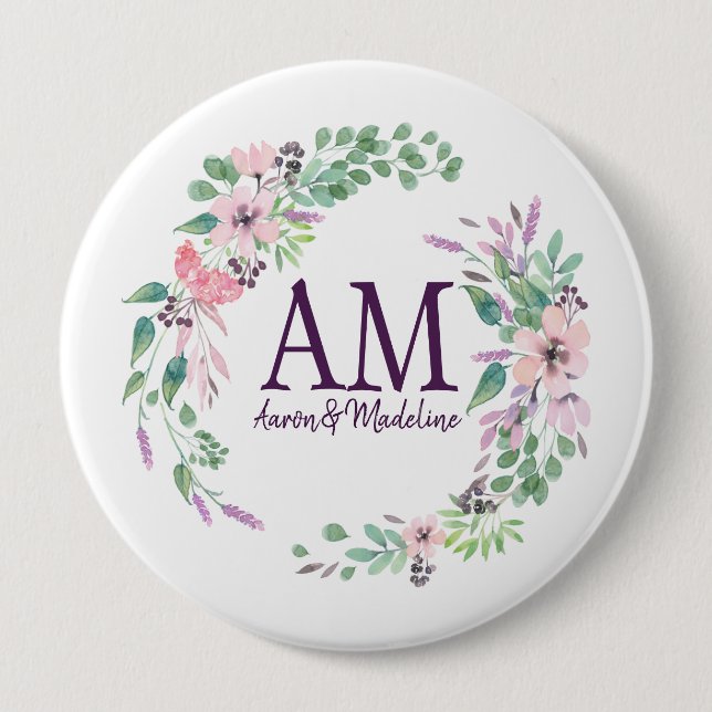 Personalisierte florale Monogramm Frische Frühling Button (Vorderseite)
