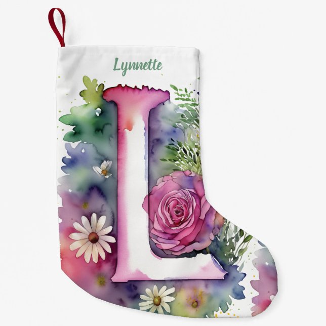 Personalisierte florale Monogramm-Rose und Milchpr Kleiner Weihnachtsstrumpf (Vorderseite)