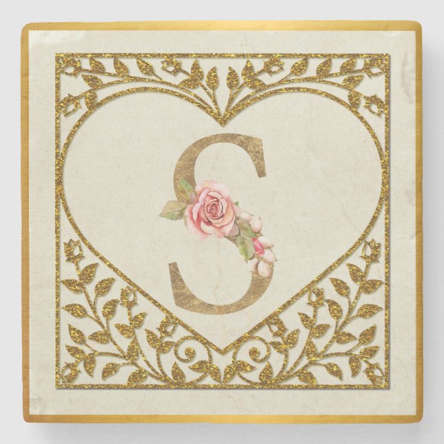 Personalisierte florale Monogramm von A bis Z Steinuntersetzer (Vorderseite)