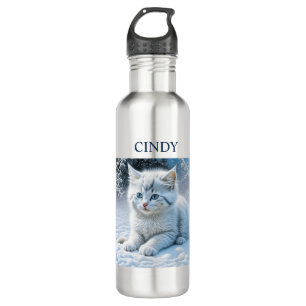 Personalisierte Fluffy White Kitten im Schnee Edelstahlflasche