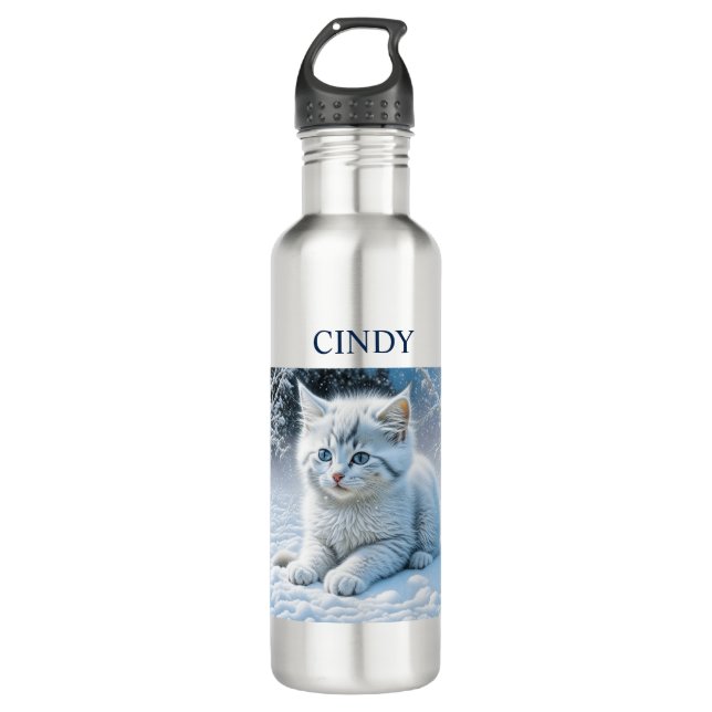 Personalisierte Fluffy White Kitten im Schnee Edelstahlflasche (Vorderseite)