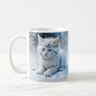 Personalisierte Fluffy White Kitten im Schnee Kaffeetasse