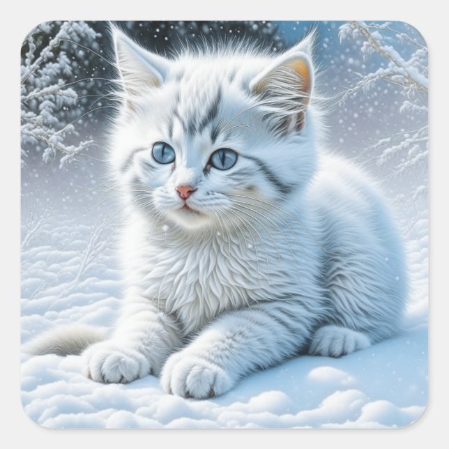 Personalisierte Fluffy White Kitten im Schnee Quadratischer Aufkleber (Vorderseite)