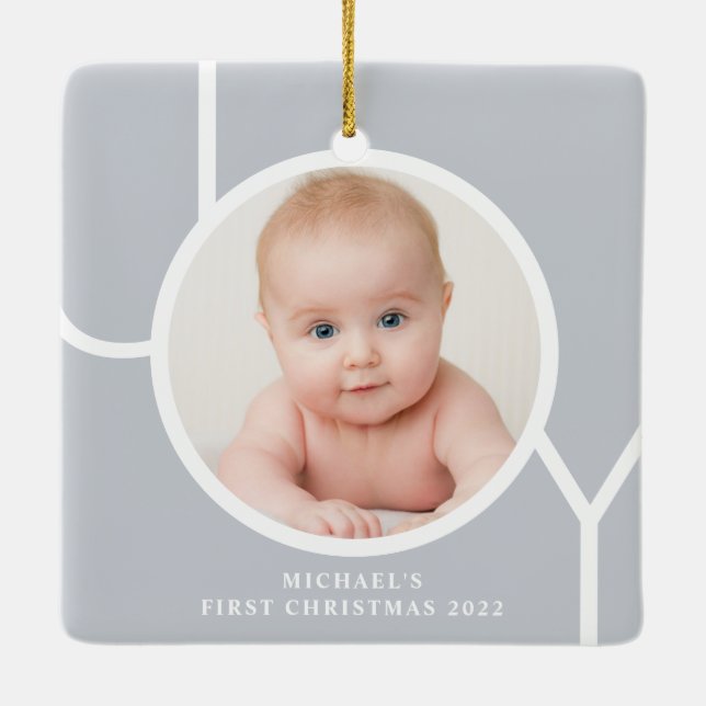 Personalisierte Foto Baby's First Christmas Keramikornament (Rückseite)