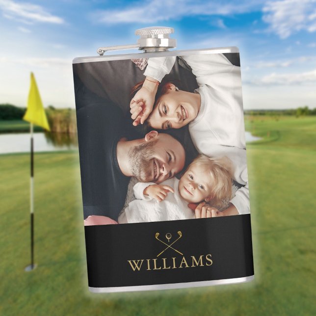 Personalisierte Foto Black and Gold Golf Clubs Flachmann (Personalized Photo Black And Gold Golf Clubs Flask)