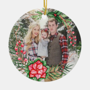 Personalisierte Foto-Grün-Poinsettia-Verzierung Keramik Ornament