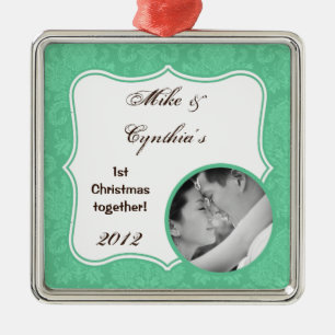 Personalisierte Foto-Ornament-Minze Weiße Damaskat Silbernes Ornament