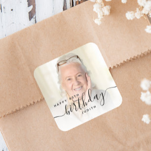 Personalisierte Foto-Schwarz-Schrift 80. Geburtsta Quadratischer Aufkleber