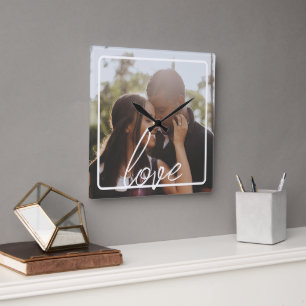 Personalisierte Foto- und Text-Fotocollage Quadratische Wanduhr