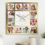 Personalisierte Fotocollage Besties Gold White Quadratische Wanduhr<br><div class="desc">Machen Sie diese trendige,  elegante Collage Wanduhr aus weißem und goldenem Foto mit 12 Ihrer Lieblings-Fotos mit Ihrem besten Freund(en) einzigartig. Das Design verfügt auch über ein modernes,  handgeschriebenes "Besties" Skript und Ihre Namen.</div>