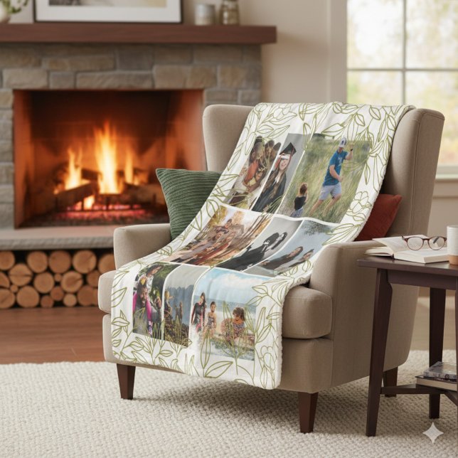 Personalisierte Fotocollage Greenery 9  Sherpadecke (blanket mockup in a cozy living room)