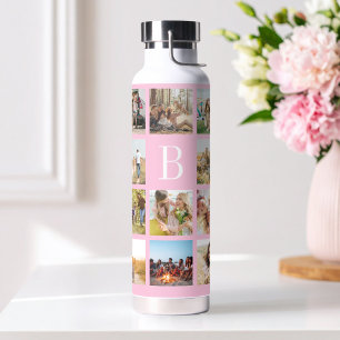 Personalisierte Fotocollage mit rosa Monogramm und Trinkflasche
