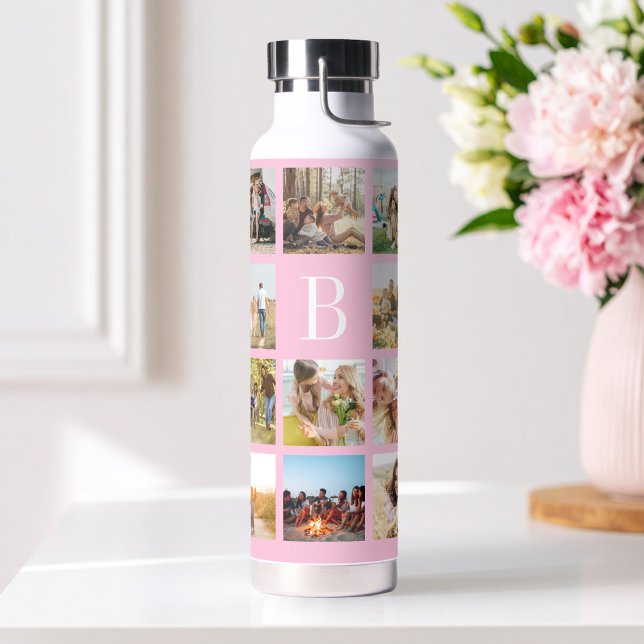 Personalisierte Fotocollage mit rosa Monogramm und Trinkflasche (Von Creator hochgeladen)