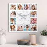Personalisierte FotoCollage White Silver Friendshi<br><div class="desc">Machen Sie diese trendige,  elegante Collage Wanduhr aus weiß und silber Foto mit 12 Ihrer Lieblings-Fotos mit Ihrem besten Freund(en) einzigartig. Das Design verfügt auch über ein modernes,  handgeschriebenes "Besties" Skript und Ihre Namen.</div>