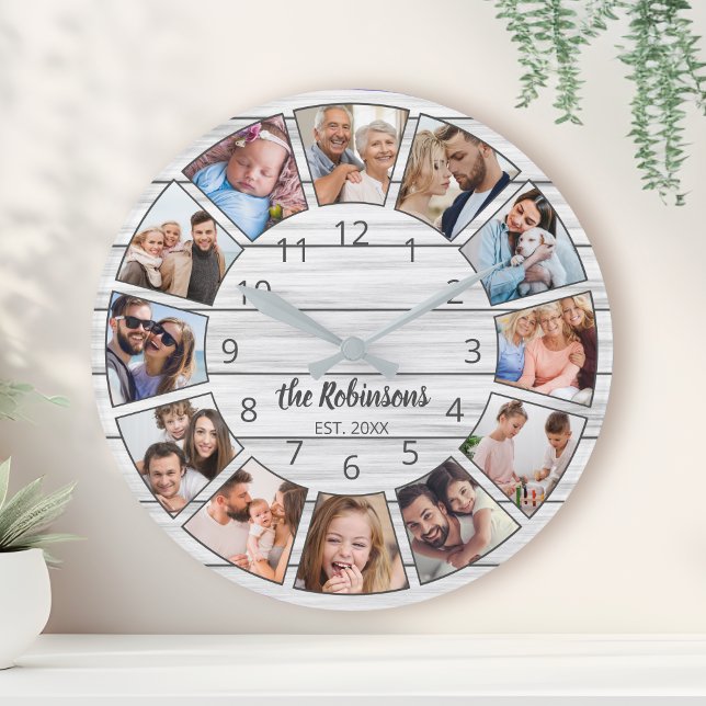 Personalisierte Fotocollage White Wood-Familie Runde Wanduhr (Von Creator hochgeladen)