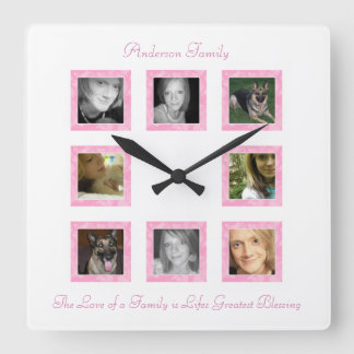 Personalisierte Fotomonage-Uhr: Rosa Quadratische Wanduhr