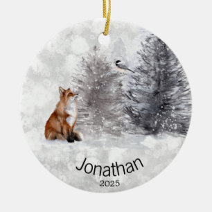 Personalisierte Fox Bird Winterhütte Keramik Ornament