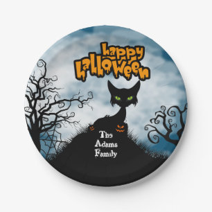 Personalisierte Frohe Halloween-Gruselkatze Pappteller