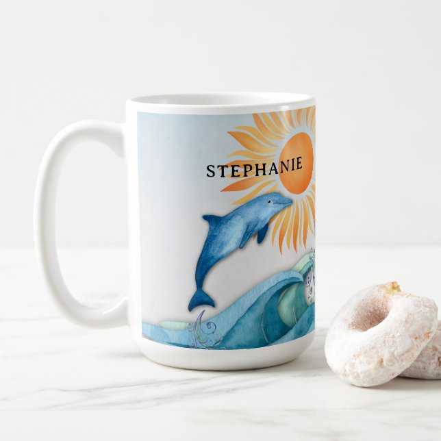 Personalisierte Frolicking-Delphin-Tasse Kaffeetasse (Mit Donut)