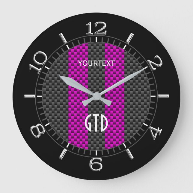 Personalisierte Fuchsia-Racing-Streifen Große Wanduhr (Vorderseite)