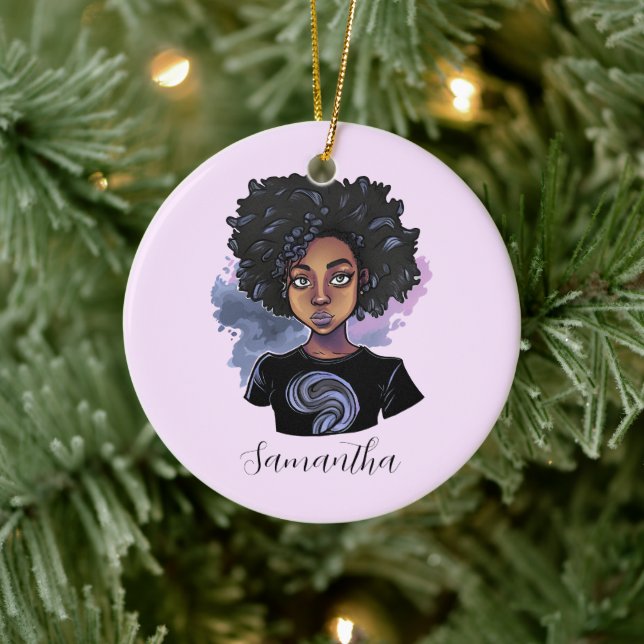 Personalisierte funkelnde afroamerikanische Frau Keramik Ornament (Baum)