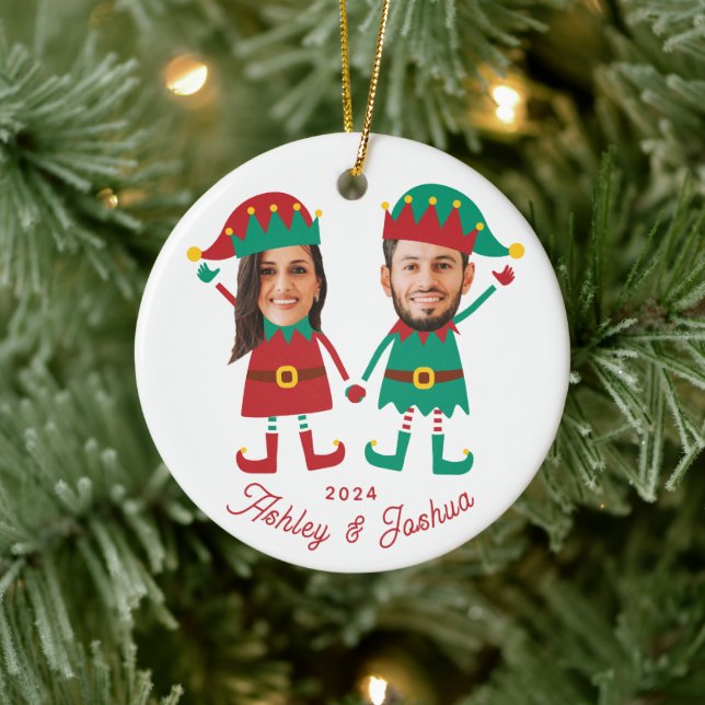 Personalisierte Funny Face Foto Christmas Elf Fami Keramik Ornament (Baum)