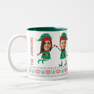 Personalisierte Funny Face Foto Christmas Elf Fami Zweifarbige Tasse