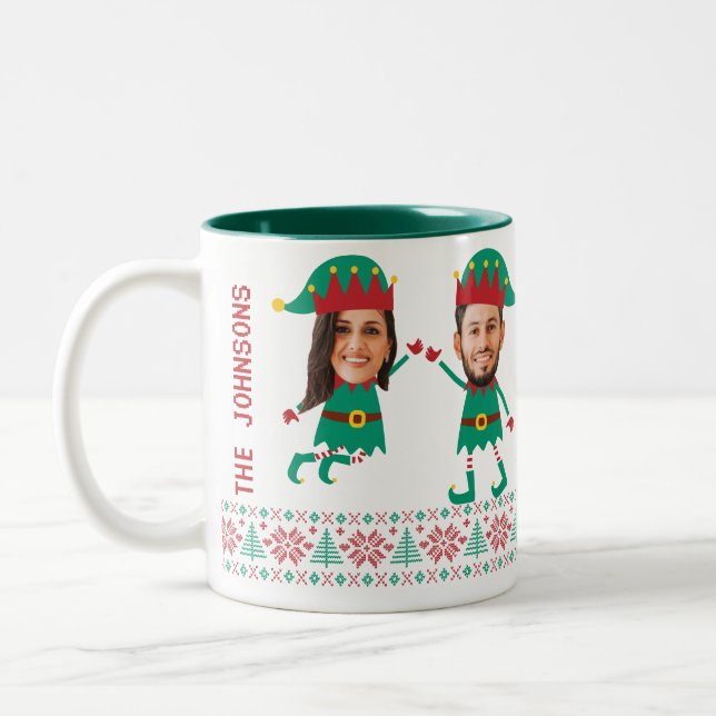 Personalisierte Funny Face Foto Christmas Elf Fami Zweifarbige Tasse (Links)