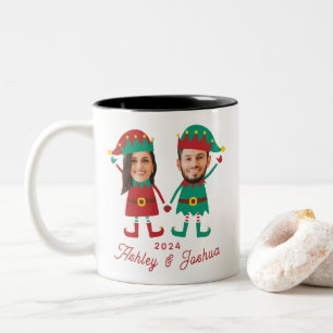 Personalisierte Funny Face Foto Christmas Elf Fami Zweifarbige Tasse