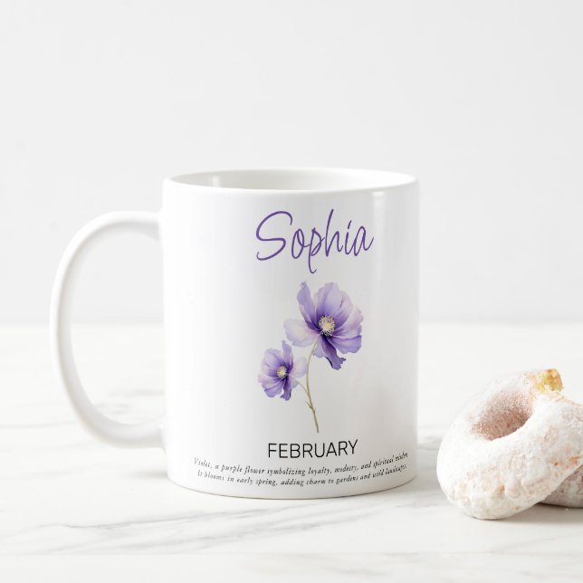 Personalisierte Geburtsblume Februar  Kaffeetasse (Mit Donut)