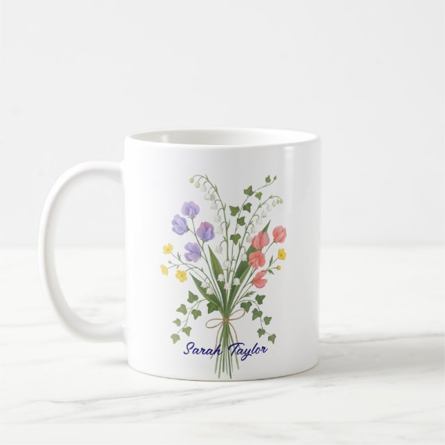 Personalisierte Geburtsblume Maiglöckchen Kaffeetasse (Links)