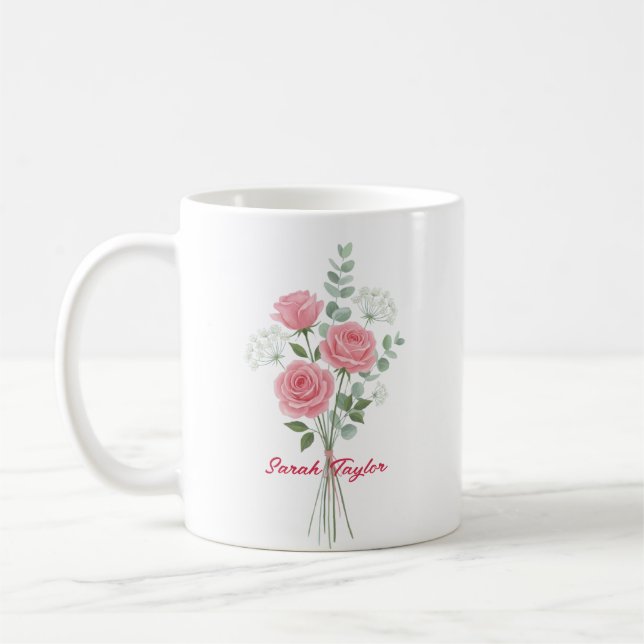 Personalisierte Geburtsblume Rosa Rose Benutzerdef Kaffeetasse (Links)